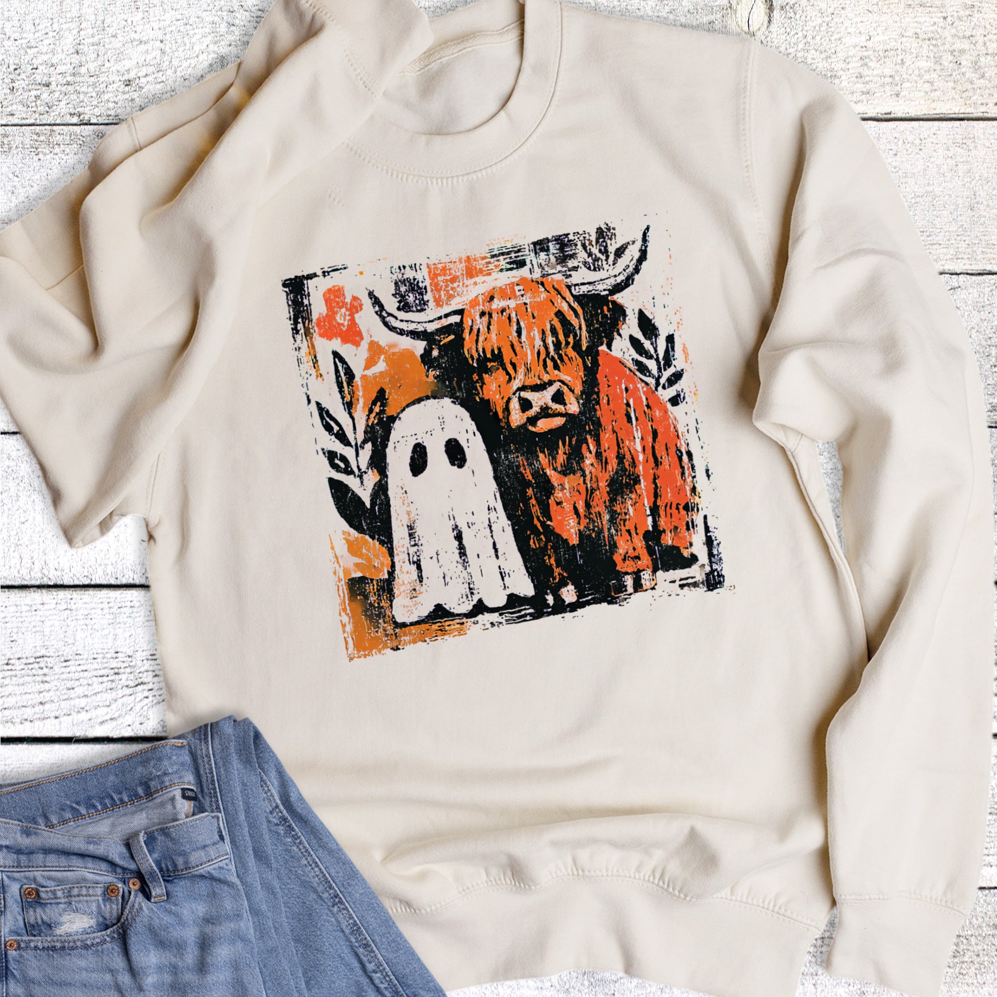 Boho Fall Halloween Ghost Highland Cow Combo Sweatshirt