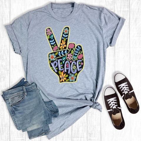 Hand Drawn Colorful Peace Light Grey Graphic Tee