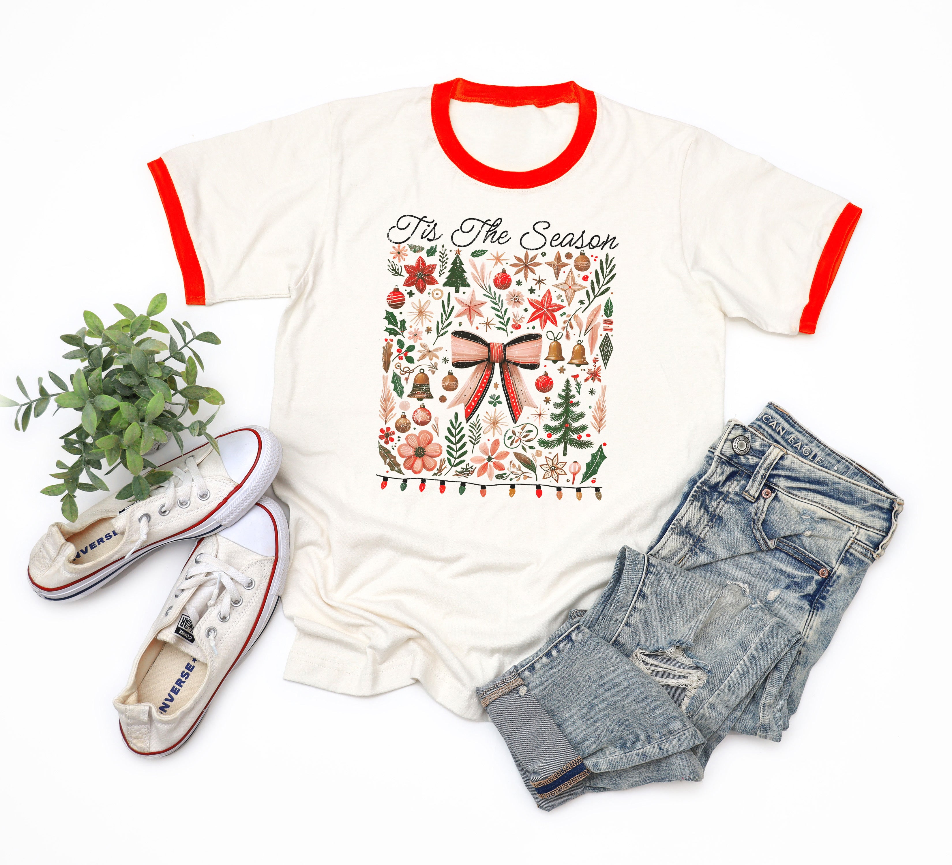 Boho Christmas Tis the Season Collage Graphic Tee Ringer