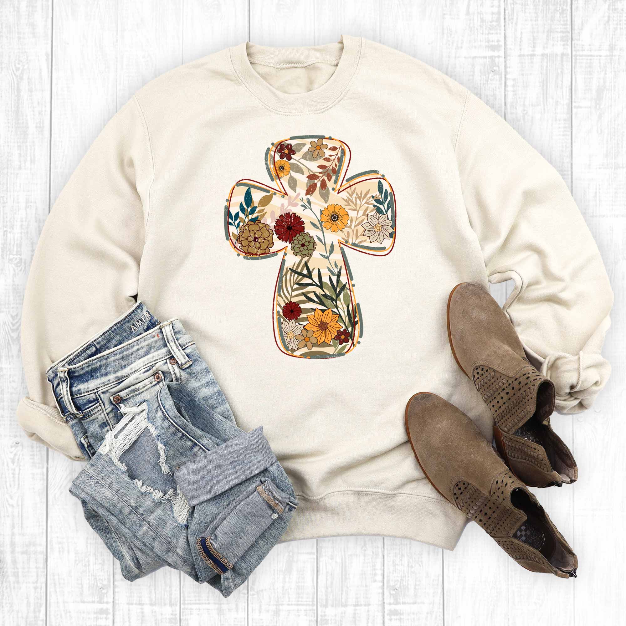 Boho Floral Cross Graphic Sweatshirt