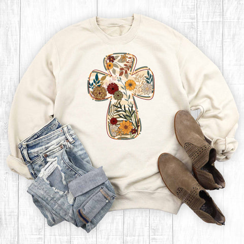 Boho Floral Cross Graphic Sweatshirt