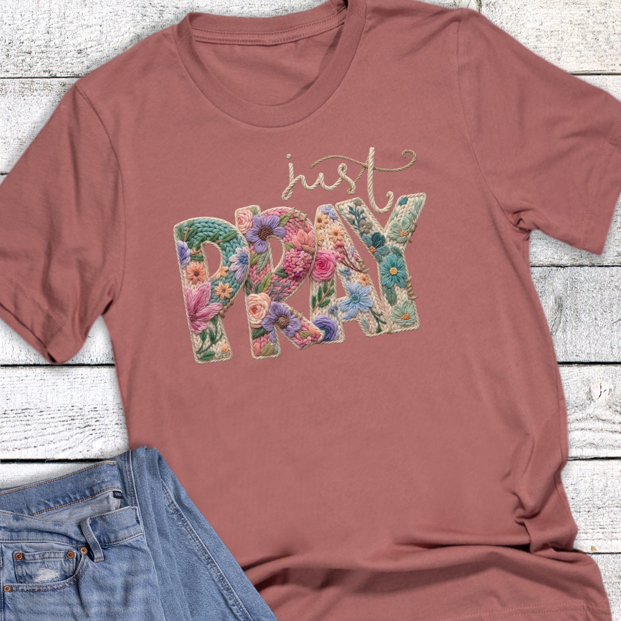 Boho Floral Faith Faux Yarn Just Pray Graphic Tee