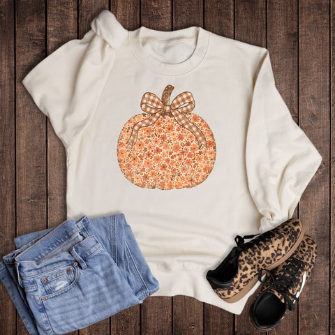 Boho Floral Pumpkin Plaid Bow Sweatshirt