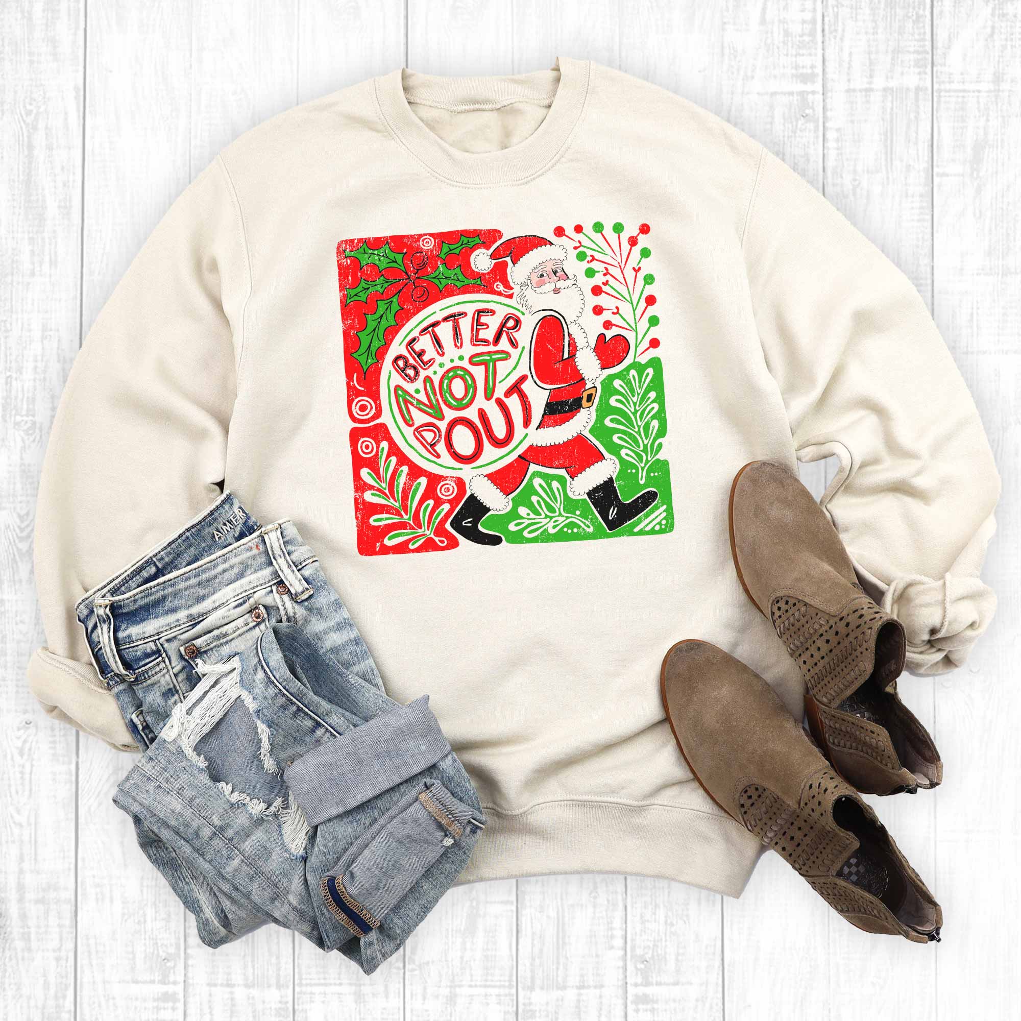 Boho Floral Santa Better Not Pout Sweatshirt