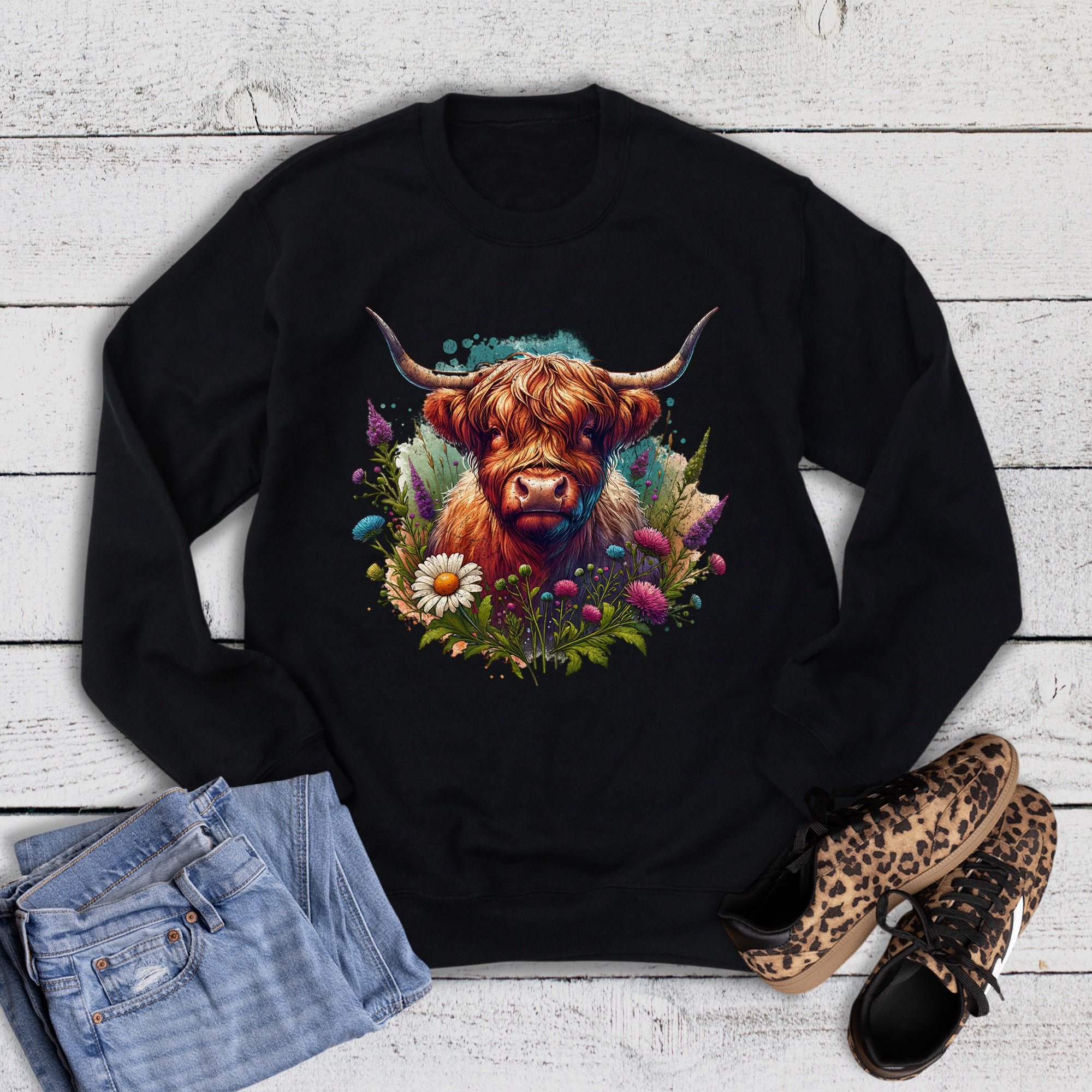 Boho Highland Cow Splatter Sweatshirt