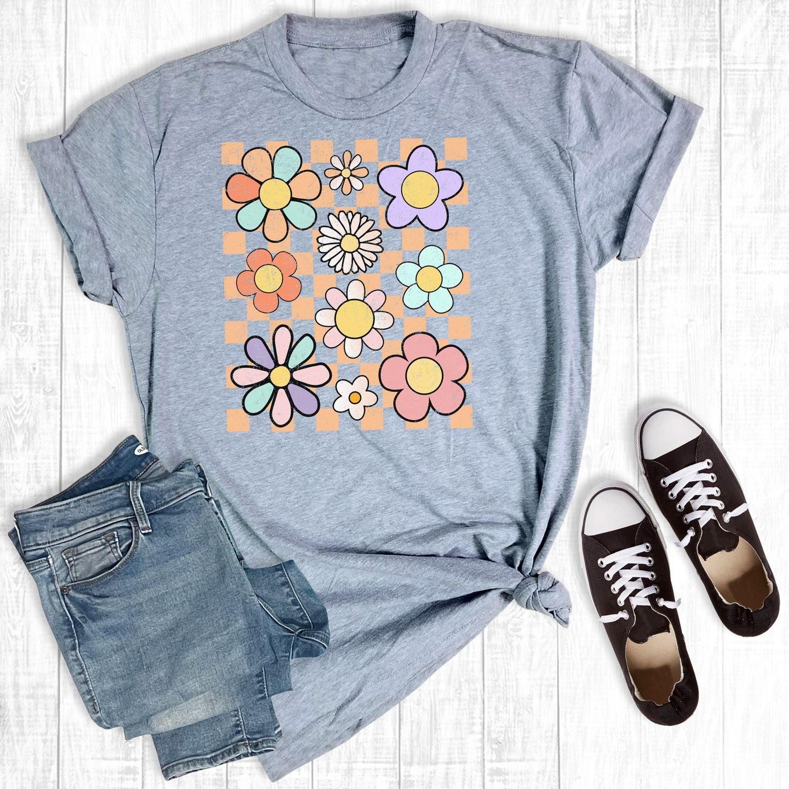 Checkered Colorful Flowers Light Grey