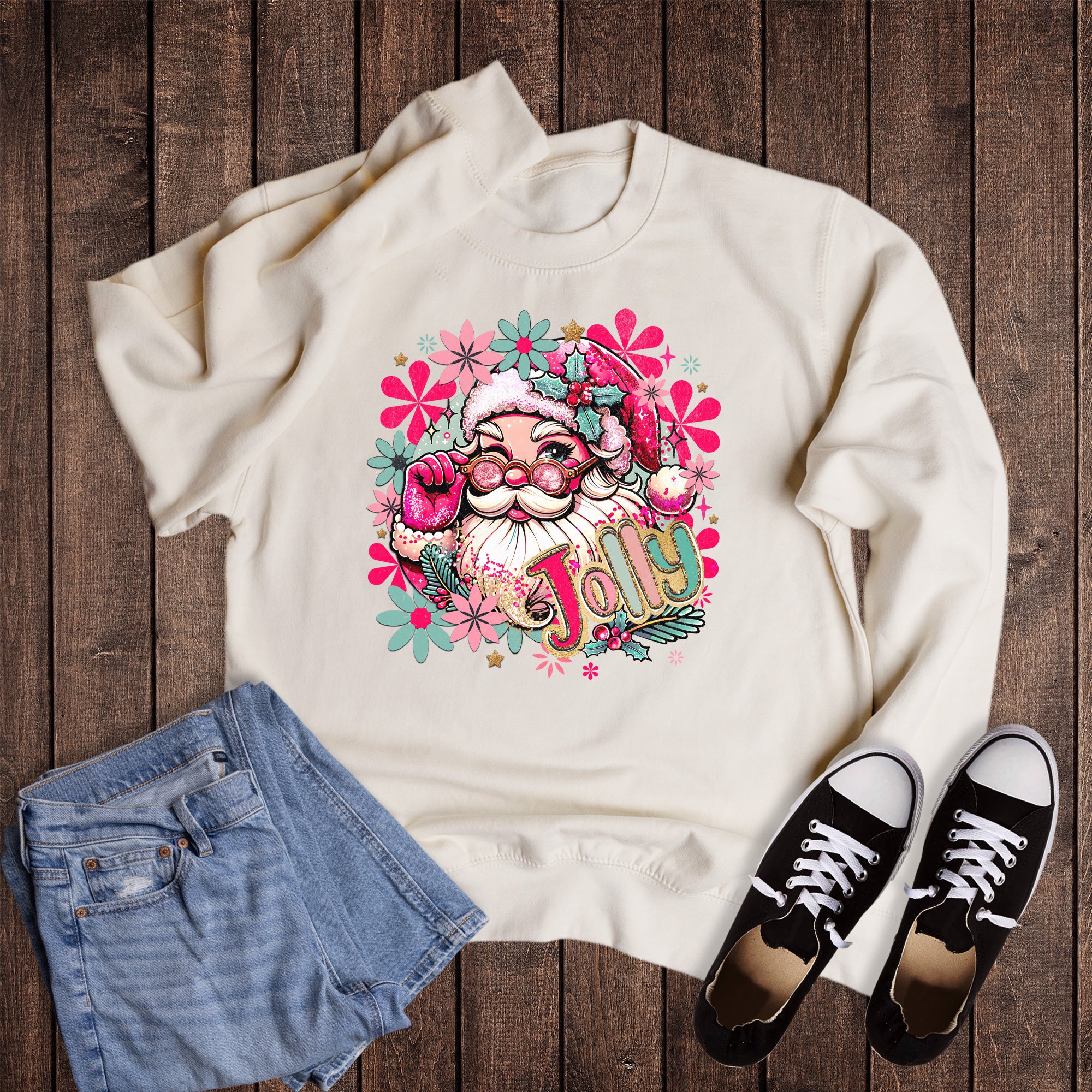Christmas Boho Floral Jolly Santa Sweatshirt