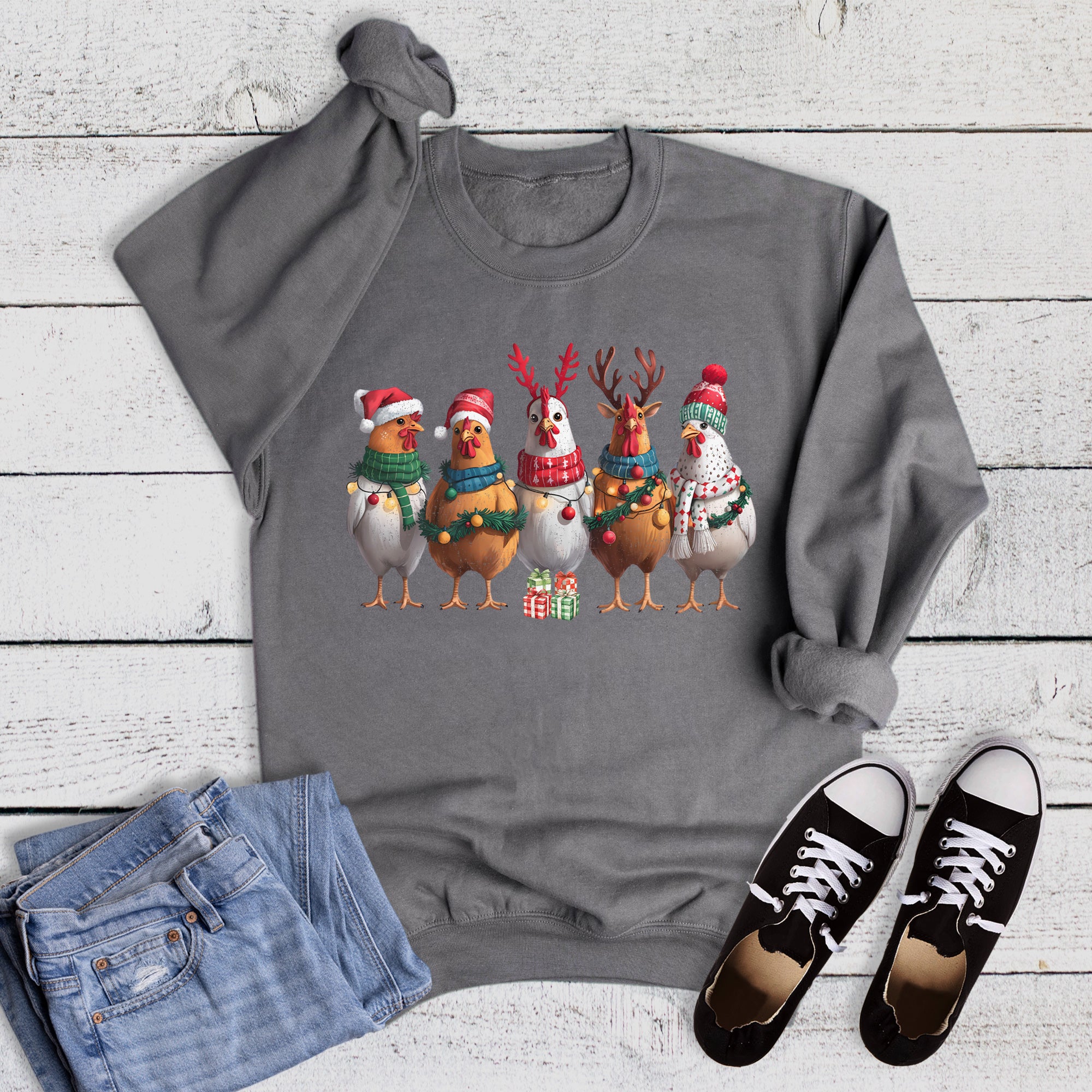 Christmas Chickens with Scarves and Hats Sweatshirt
