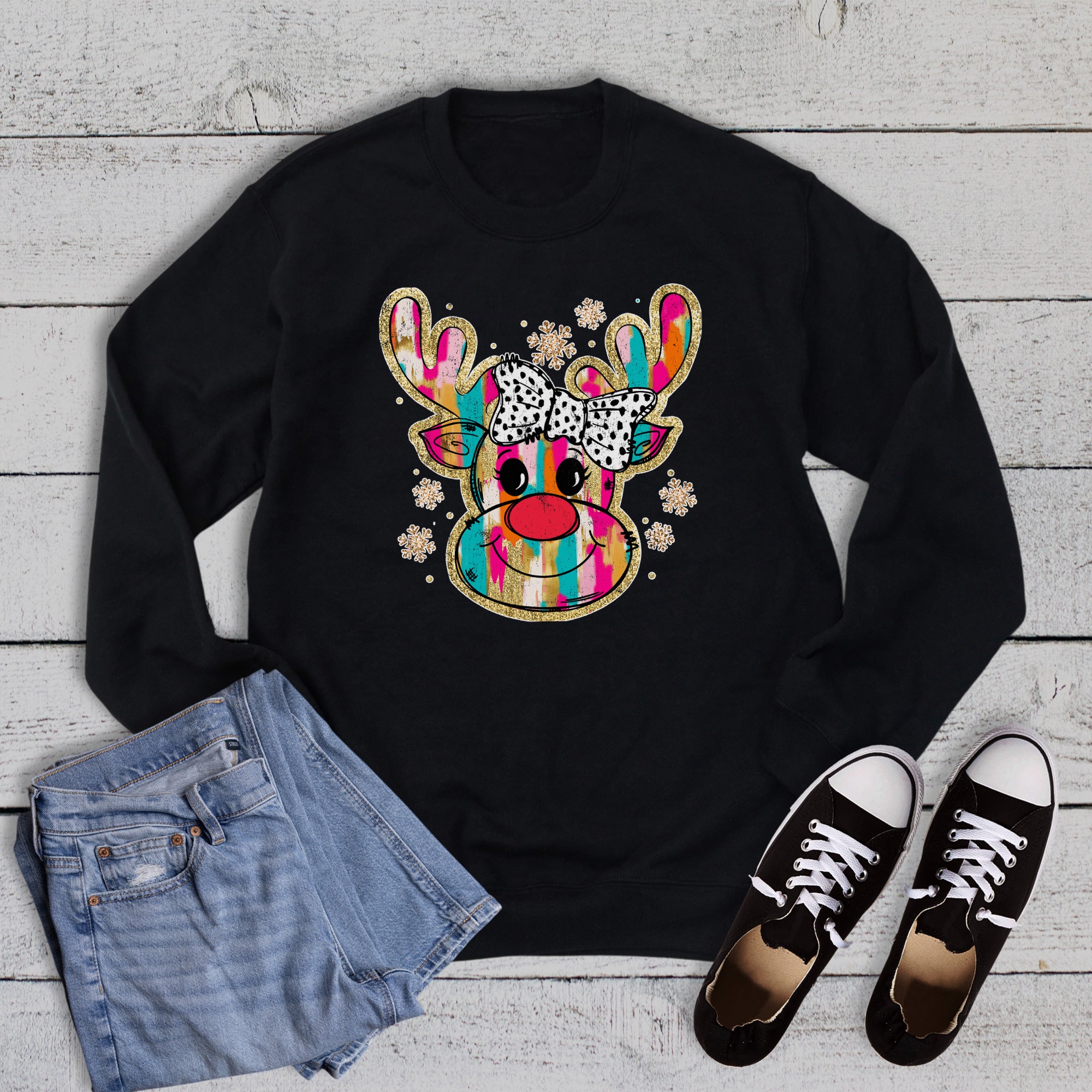 Christmas Colorful Glittery Reindeer Sweatshirt