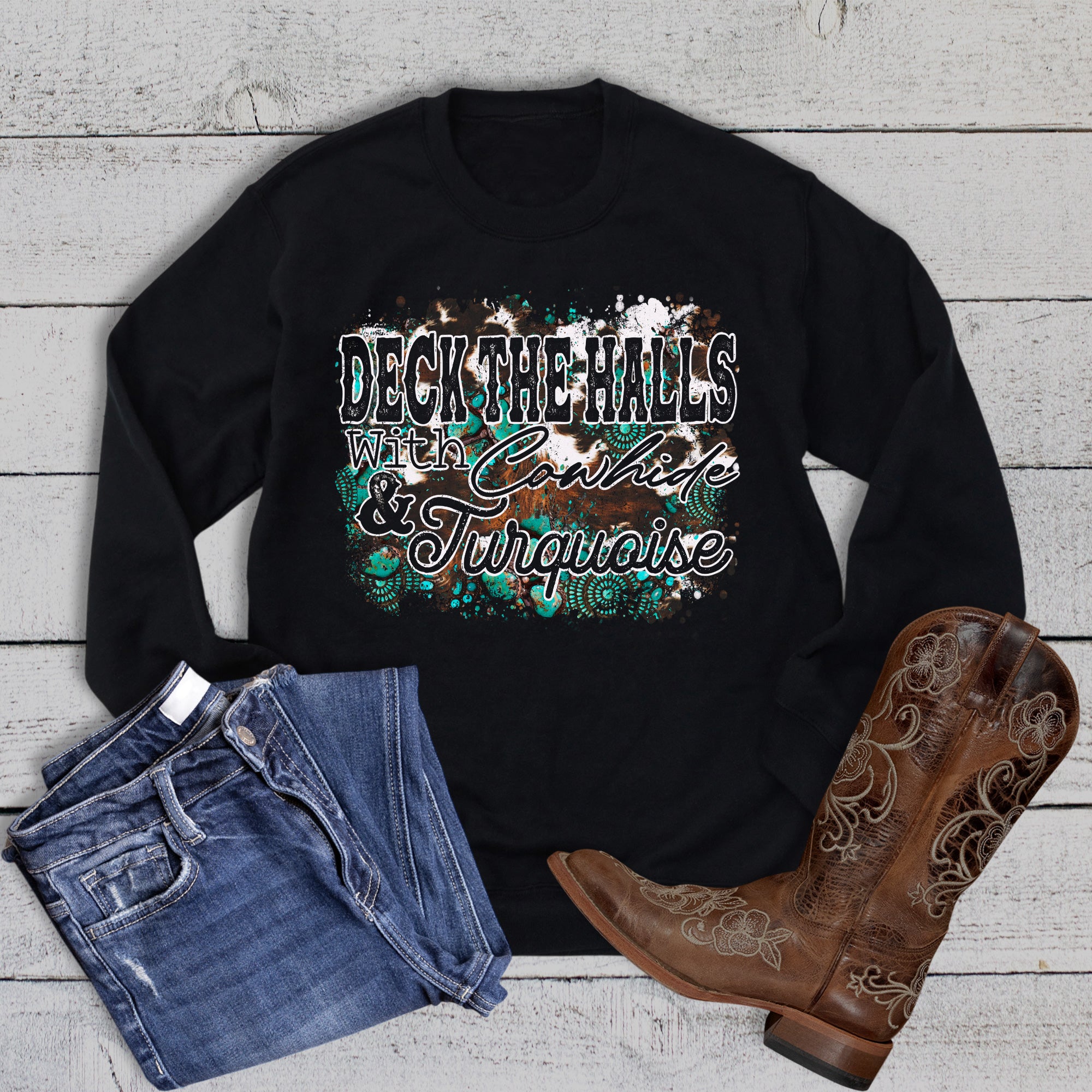 Christmas Deck the Halls Cowhide Turquoise Sweatshirt