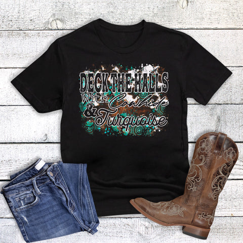 Christmas Deck the Halls Cowhide Turquoise