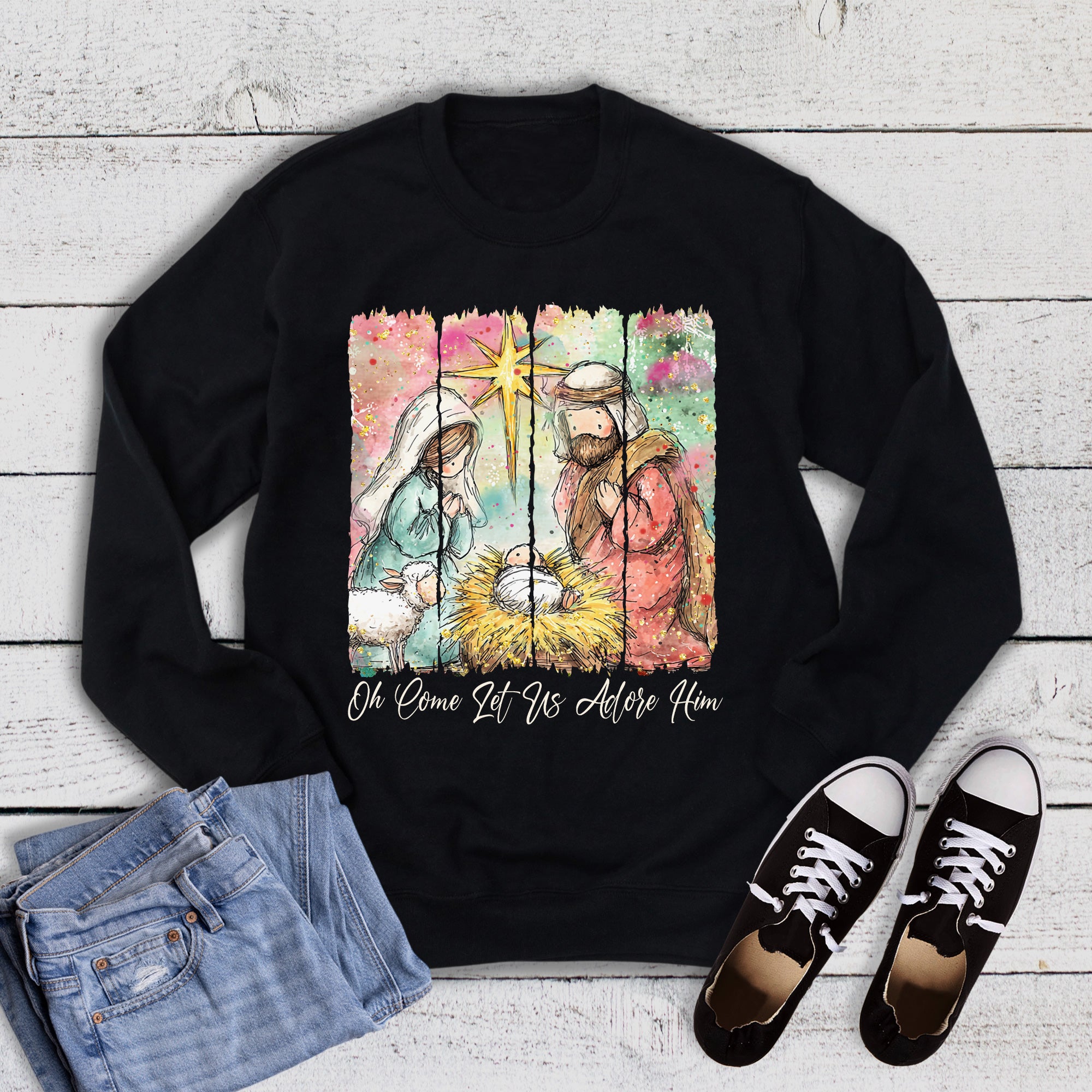 Christmas Faith Watercolor Nativity Adore Him Sweatshirt