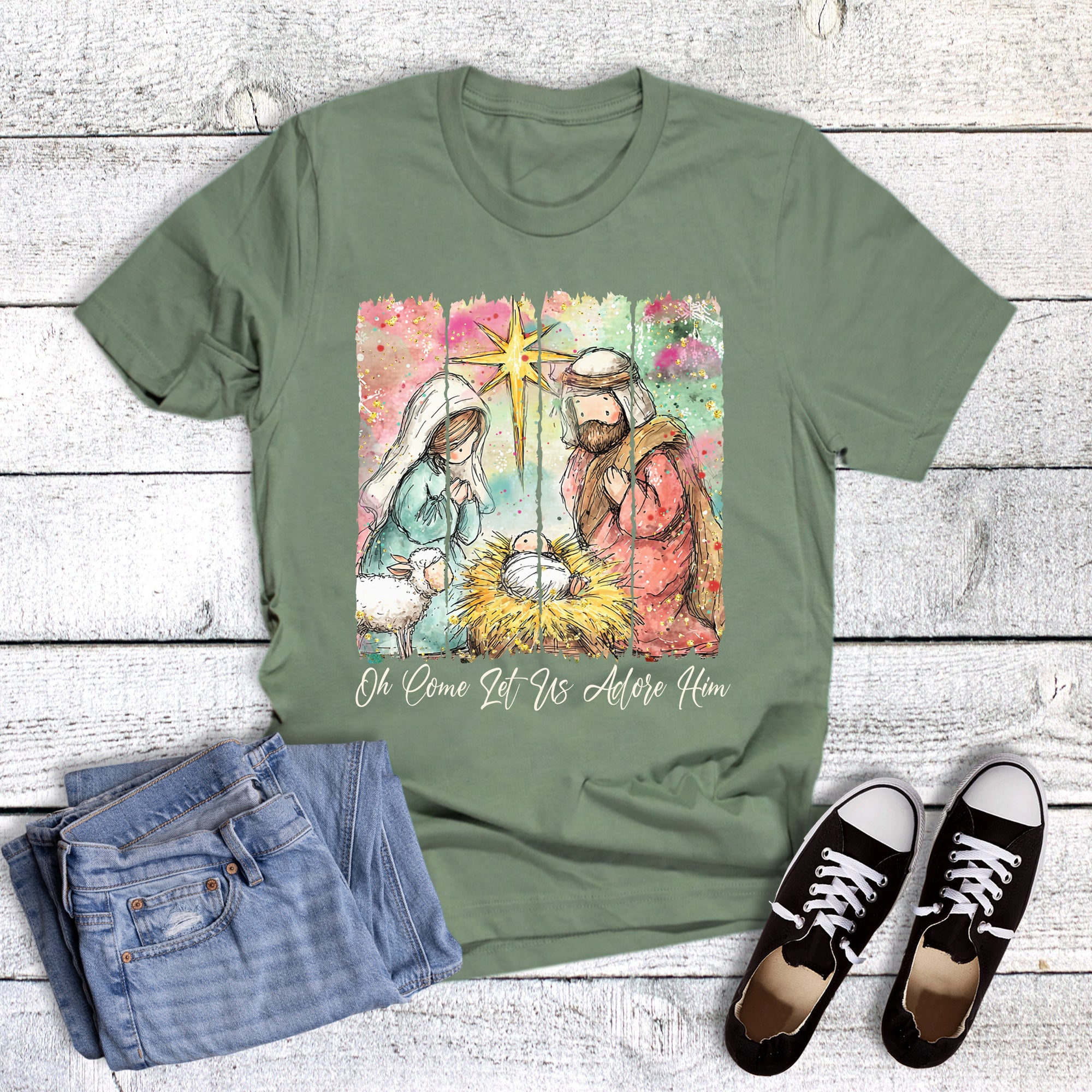 Christmas Faith Watercolor Nativity Adore Him