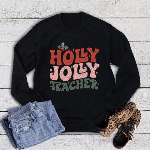 Christmas Retro Holly Jolly Teacher Sweatshirt
