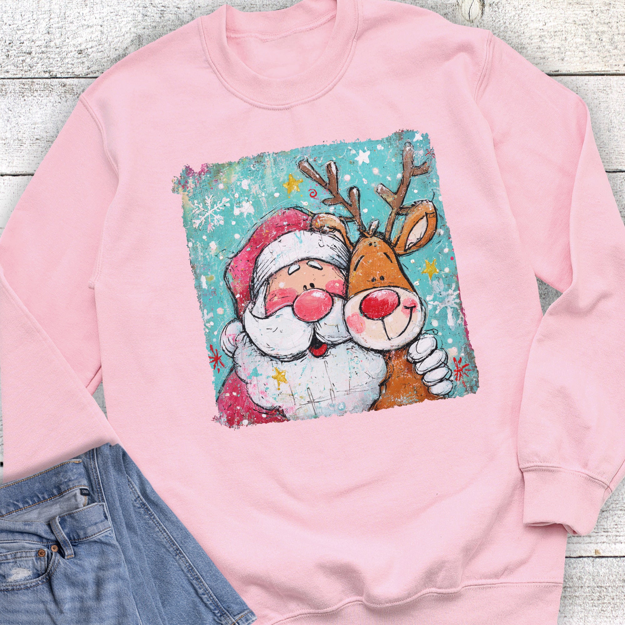 Christmas Retro Santa and Reindeer Splatter Sweatshirt
