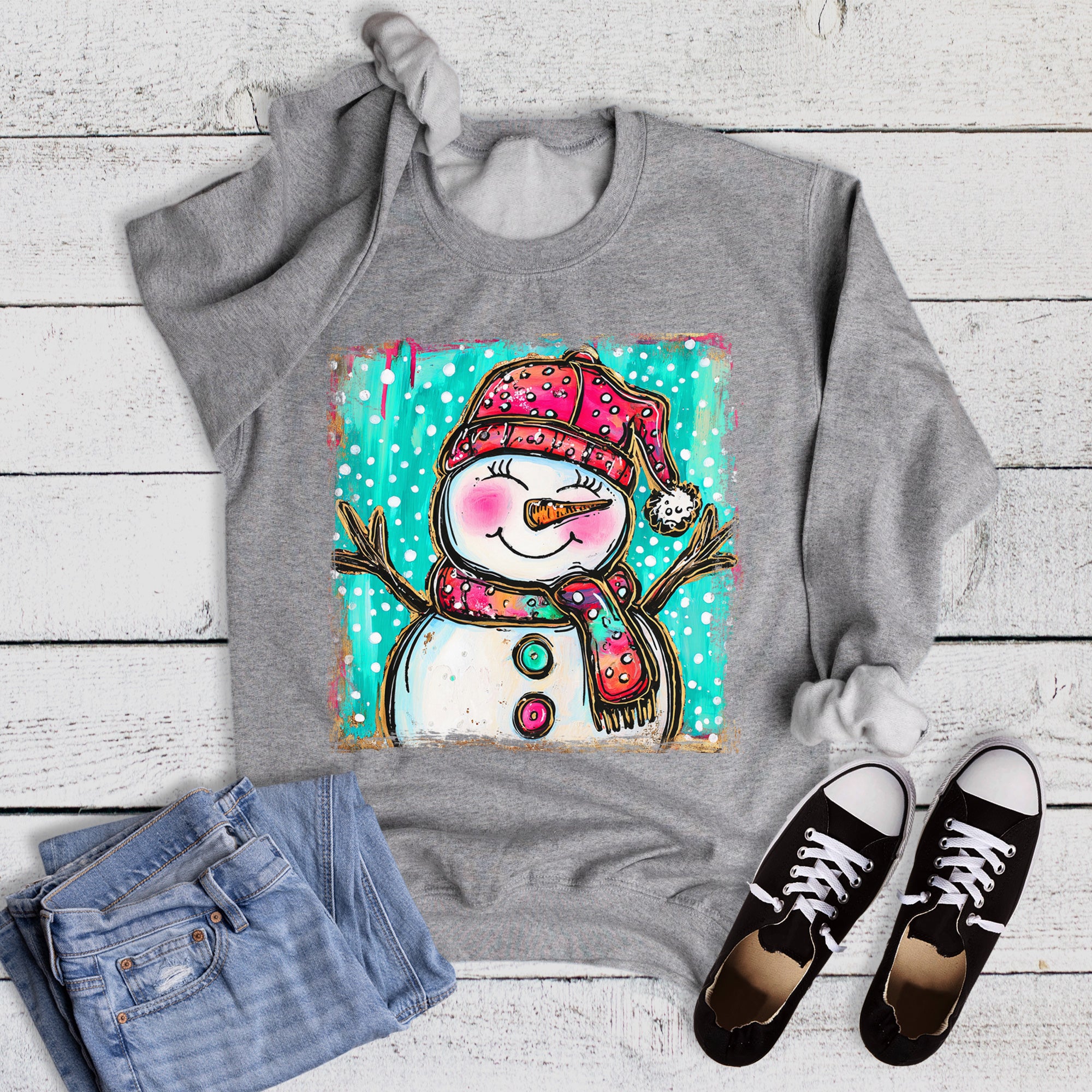 Christmas Santa Hat and Scarf Snowman Sweatshirt
