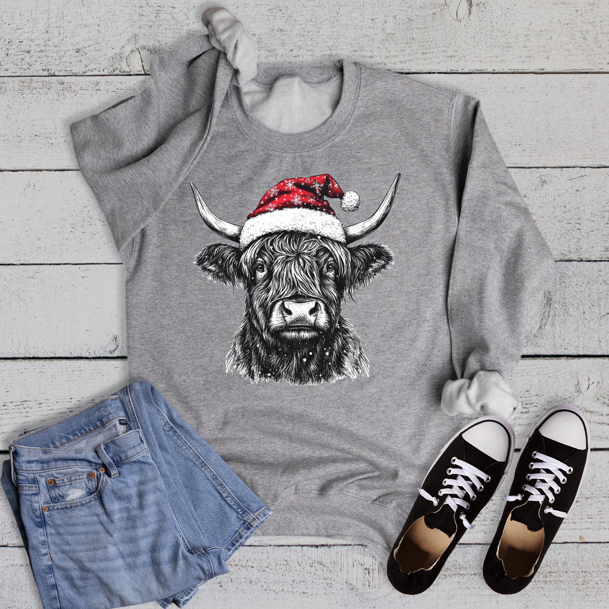 Christmas Snowflake Santa Hat Highland Cow Sweatshirt