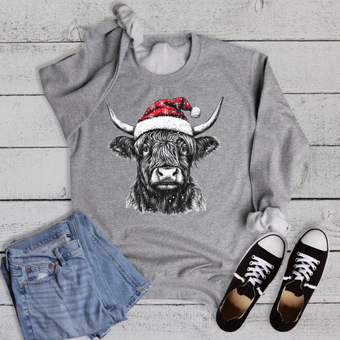 Christmas Snowflake Santa Hat Highland Cow Sweatshirt