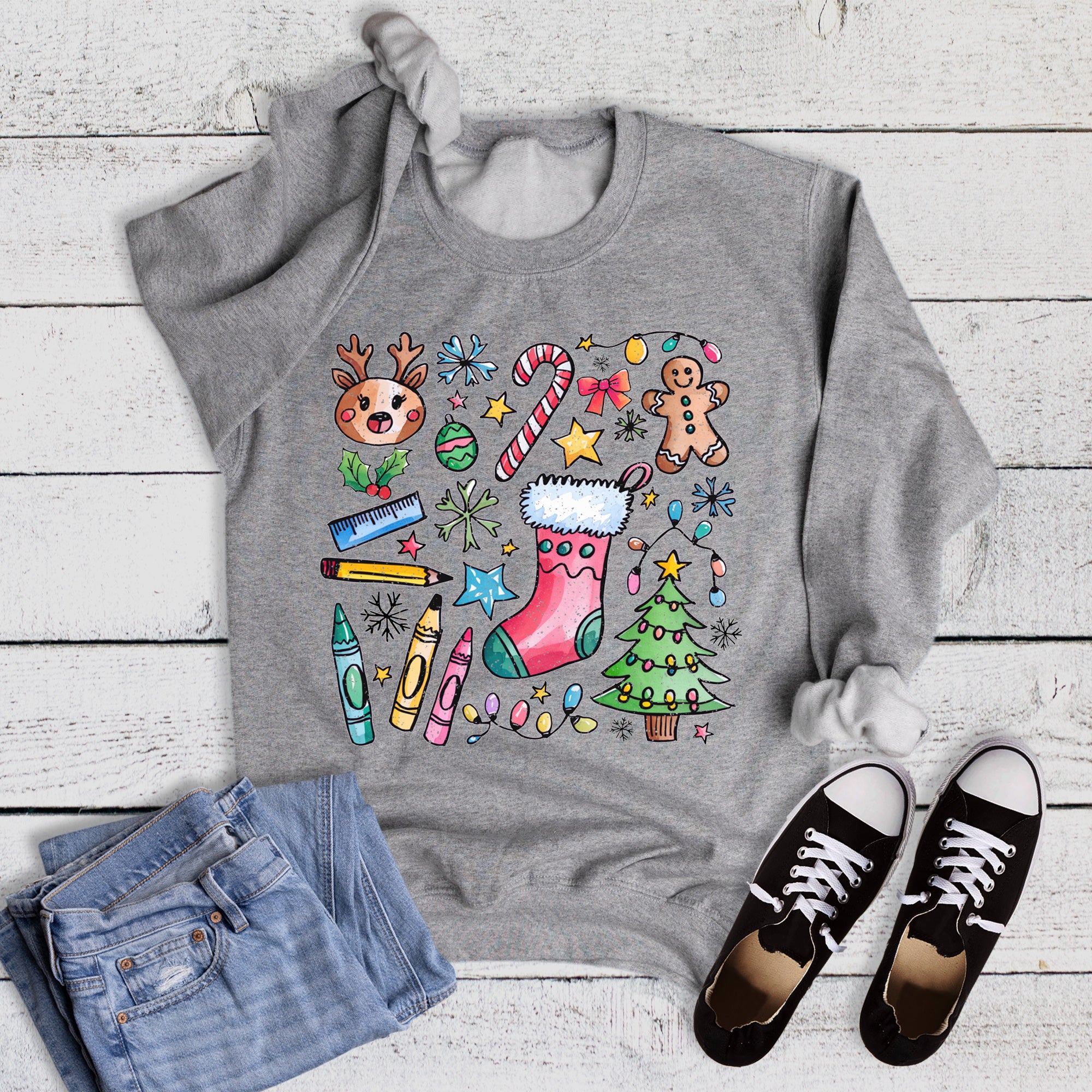 Christmas Teacher Crayons Pencil Collage Sweatshirt
