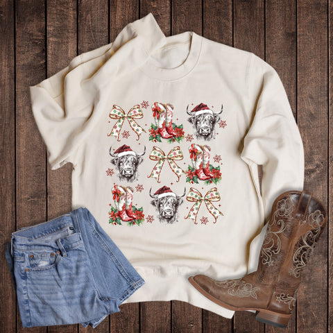 Christmas Western Cow and Boot Collage Sweatshirt