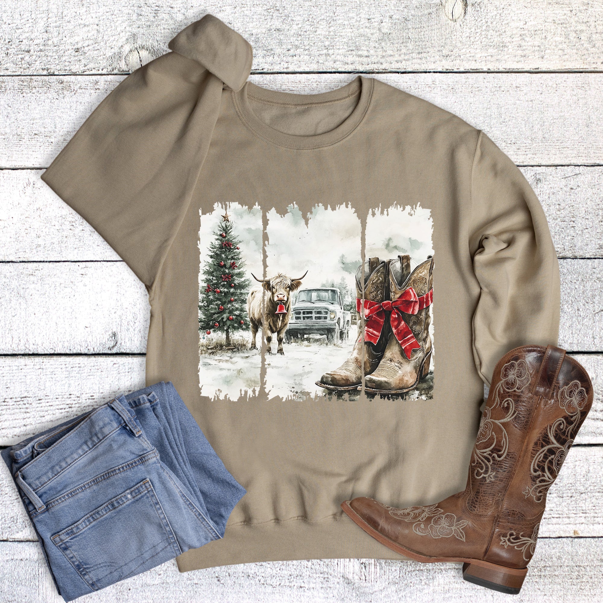 Christmas Western Cow Boots Brushstroke Sweatshirt