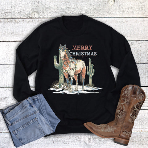 Christmas Western Horse with Lights Merry Sweatshirt