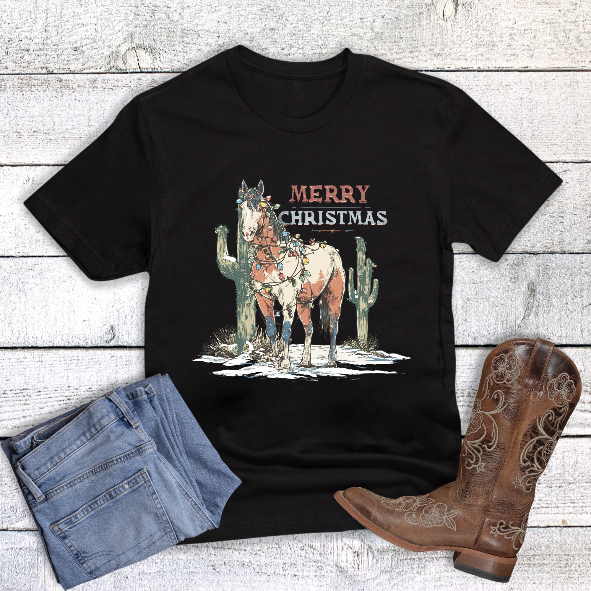 Christmas Western Horse with Lights Merry