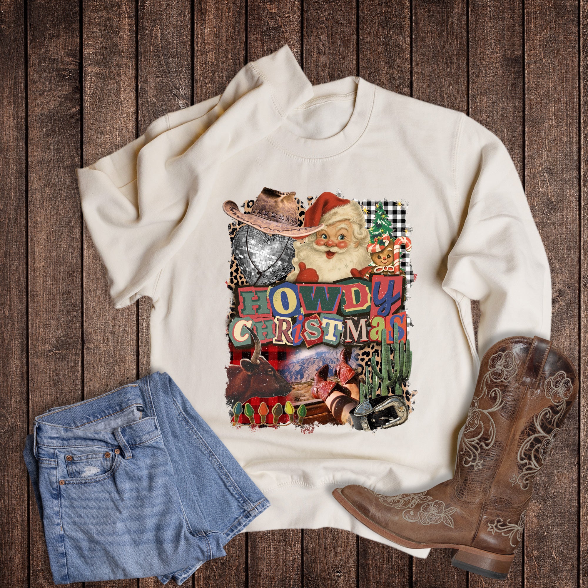 Christmas Western Howdy Santa Collage Sweatshirt