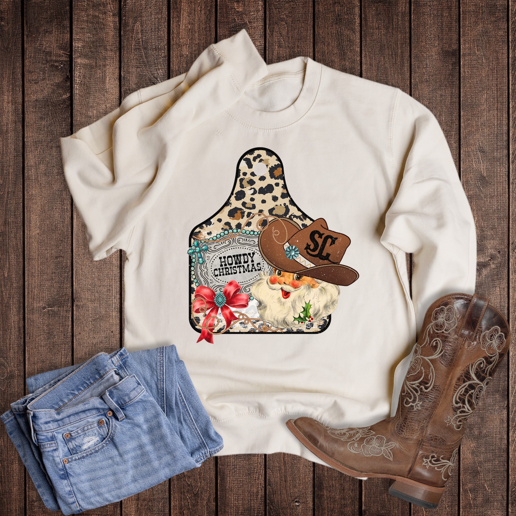 Christmas Western Santa Howdy Christmas Tag Sweatshirt