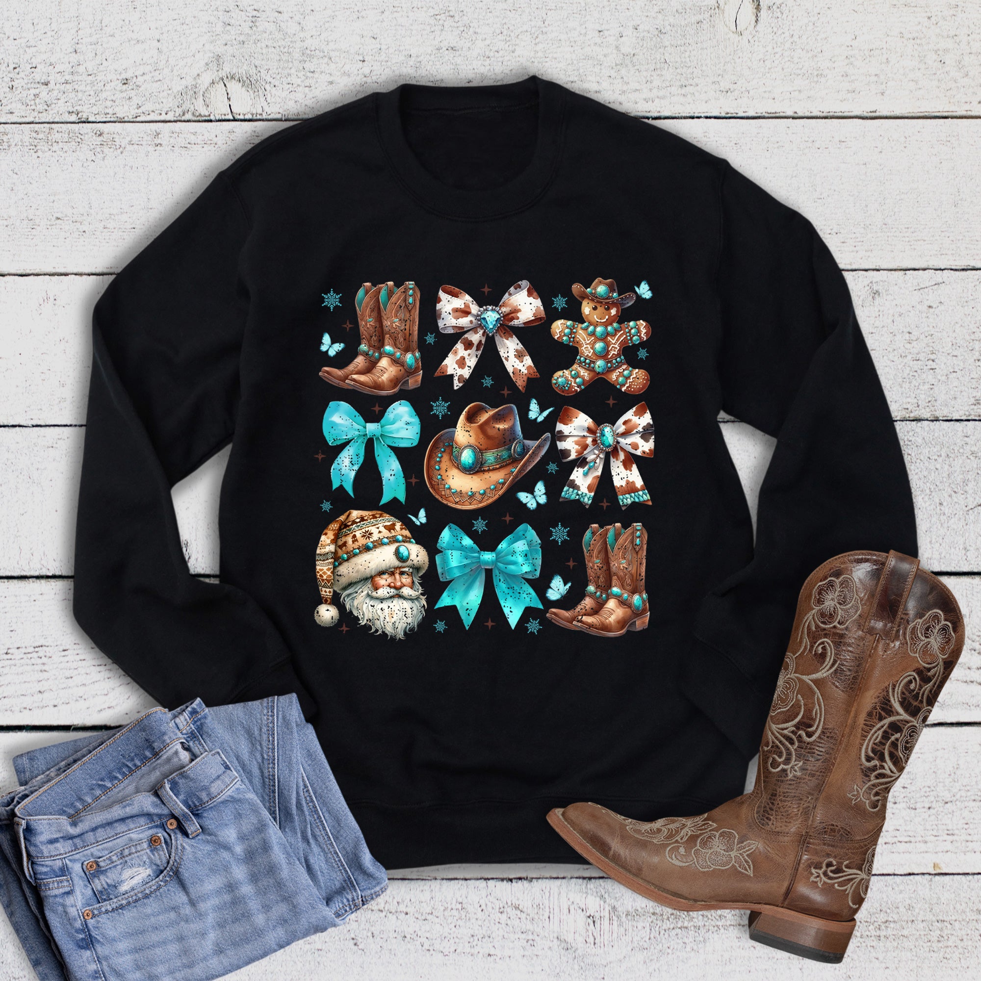 Christmas Western Turquoise Cow Print Collage Sweatshirt