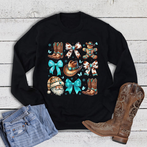 Christmas Western Turquoise Cow Print Collage Sweatshirt