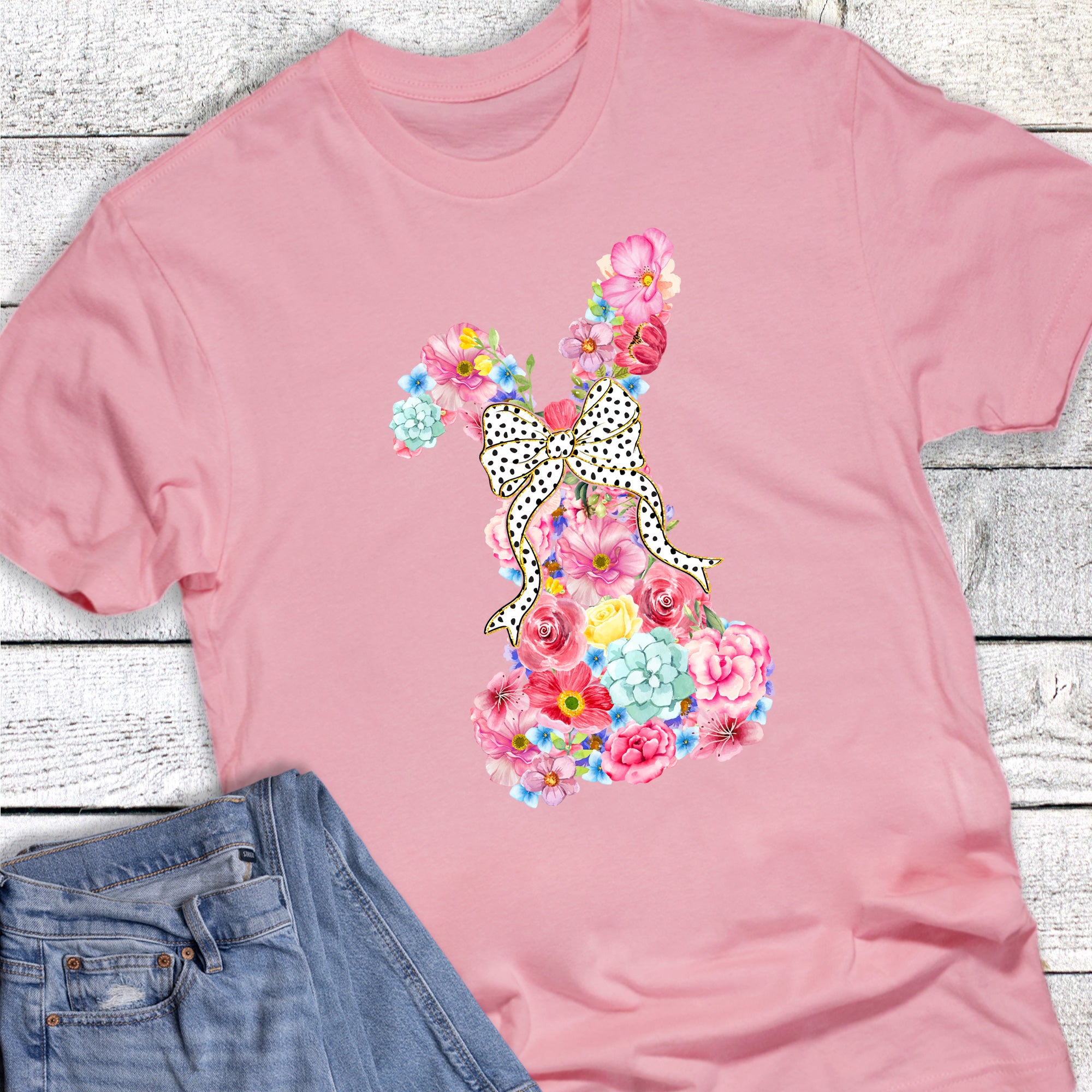 Easter Boho Floral Coquette Bow Bunny Graphic Tee