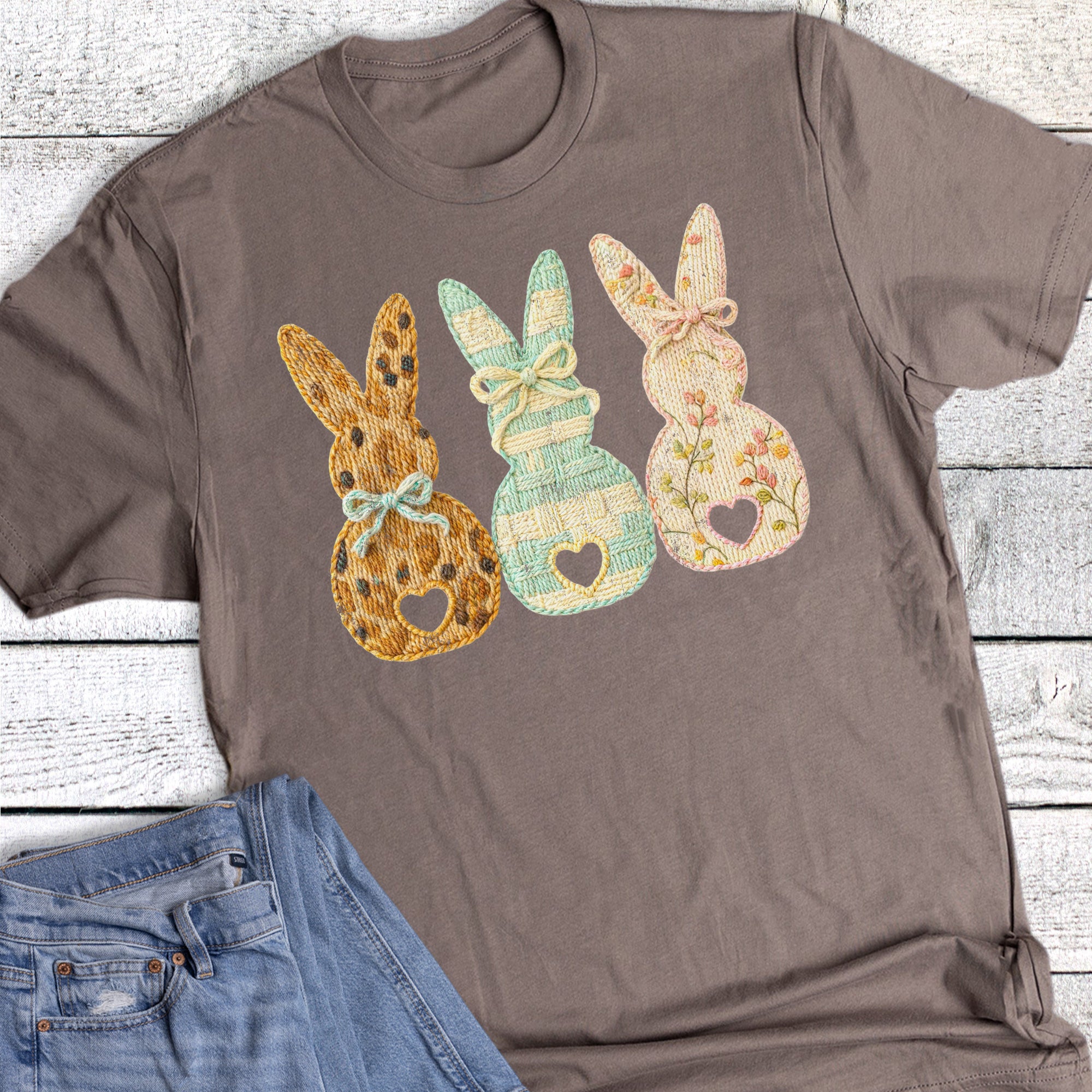 Easter Faux Crochet Bunny Trio Heart Tail Graphic Tee