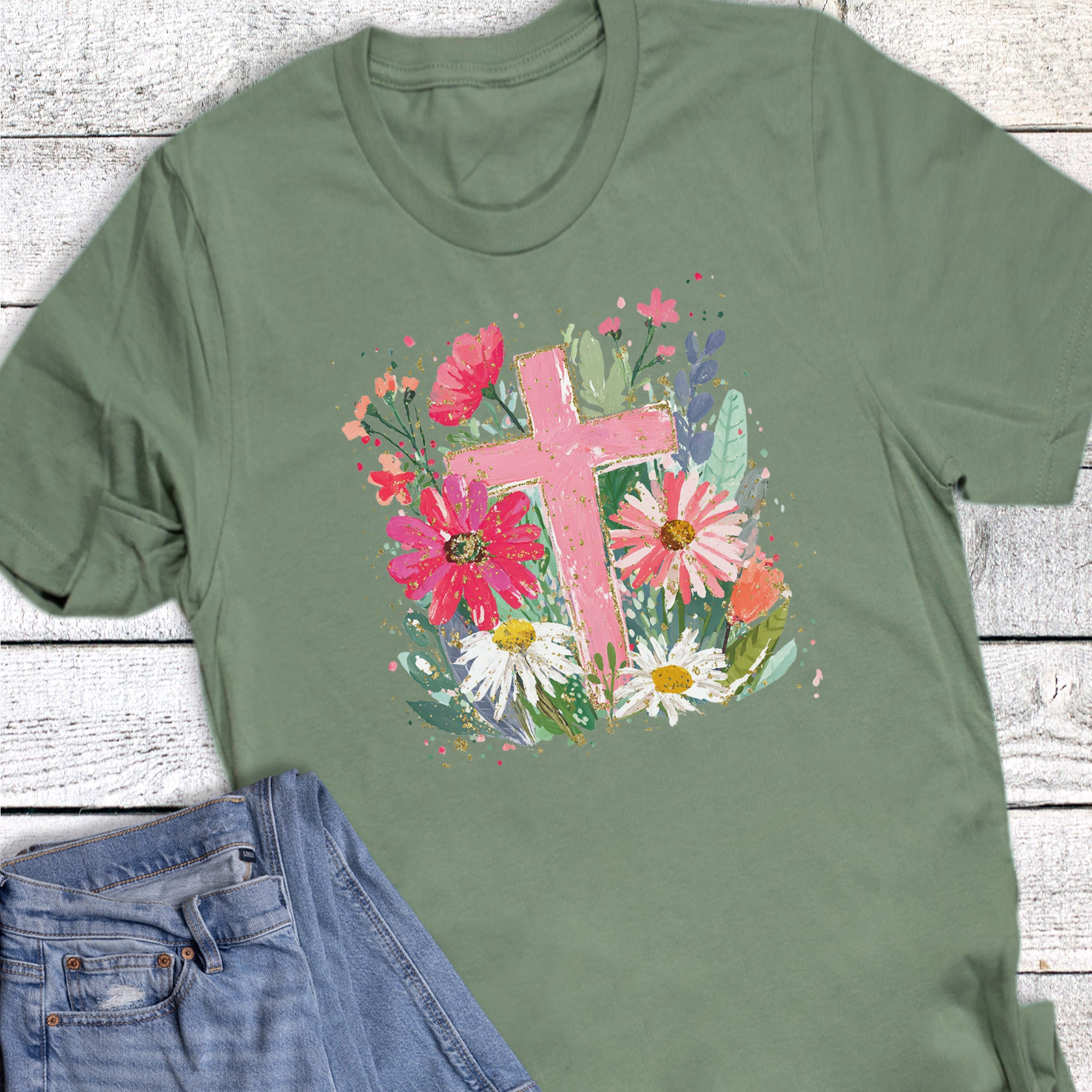 Easter Spring Boho Floral Cross Graphic Tee