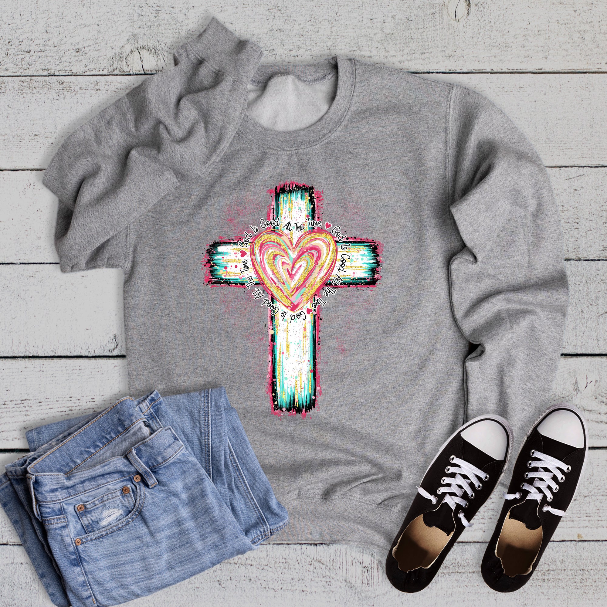 Faith God is Good Heart Cross Sweatshirt