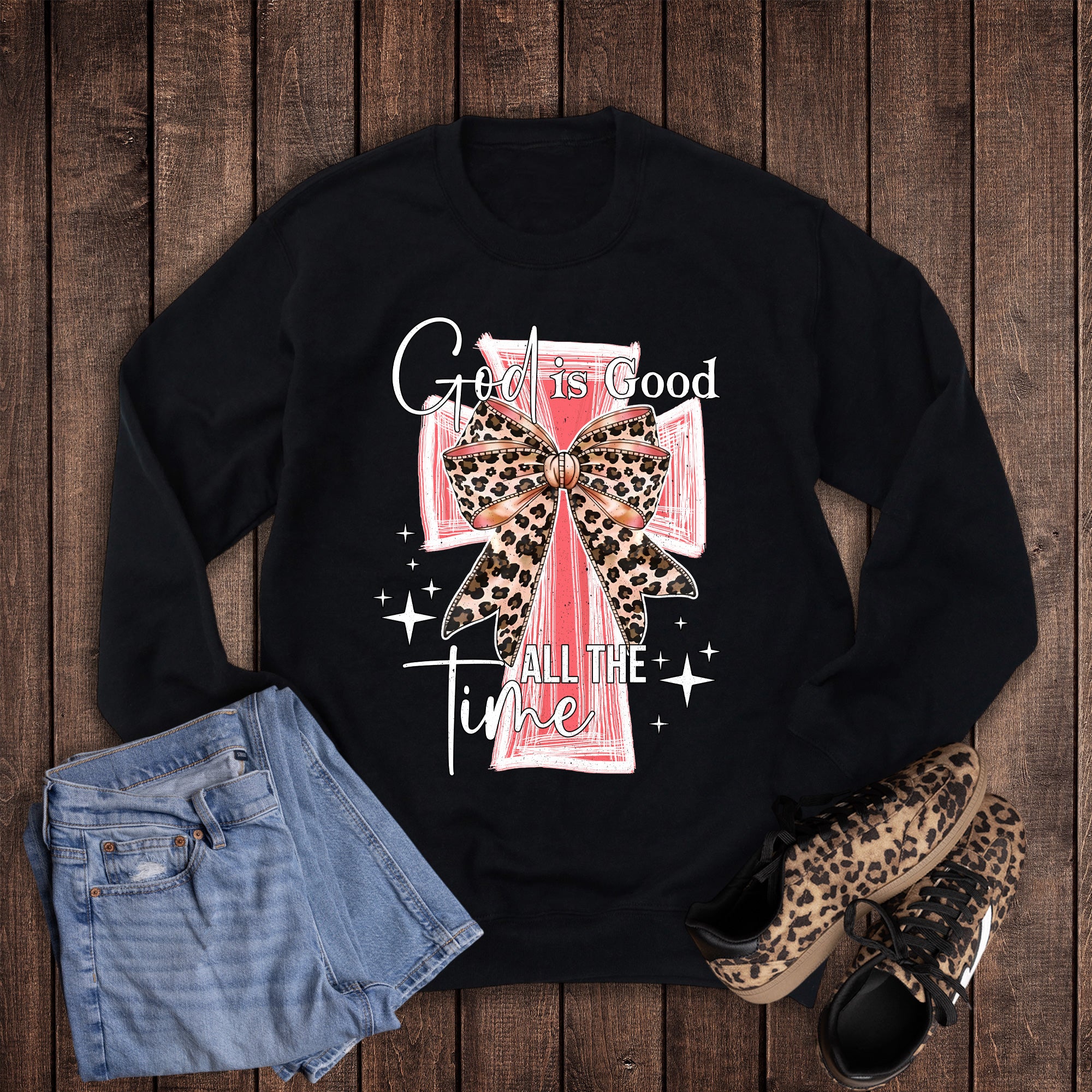 Faith God is Good Leopard Bow Cross Sweatshirt