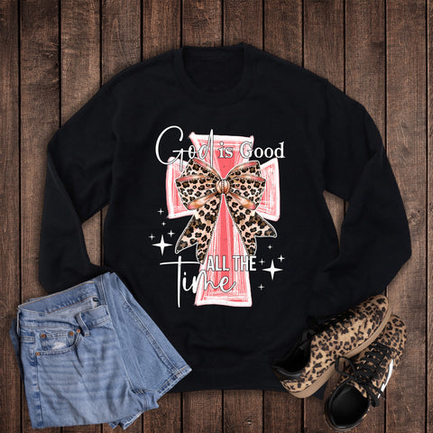 Faith God is Good Leopard Bow Cross Sweatshirt