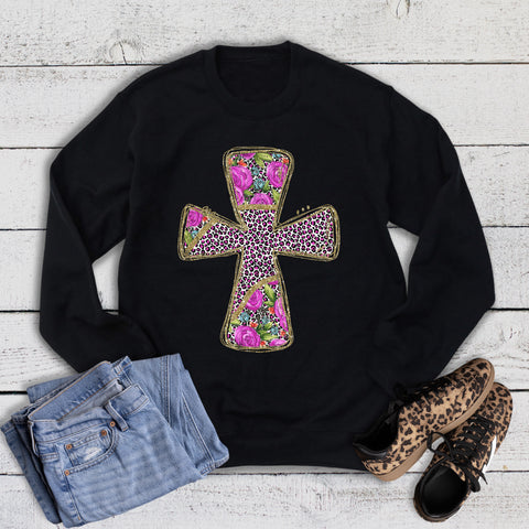 Faith Gold Floral Leopard Cross Sweatshirt