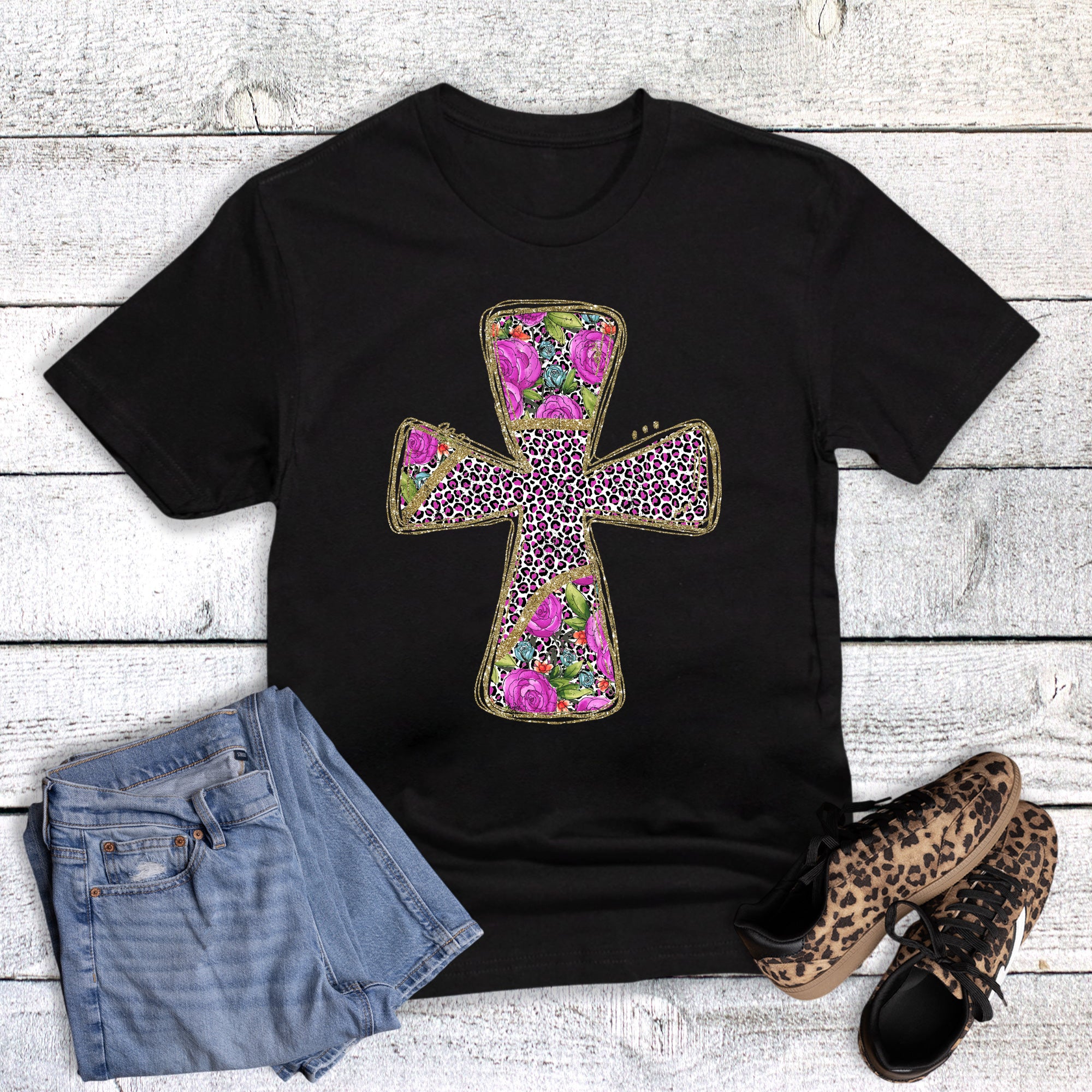 Faith Gold Floral Leopard Cross