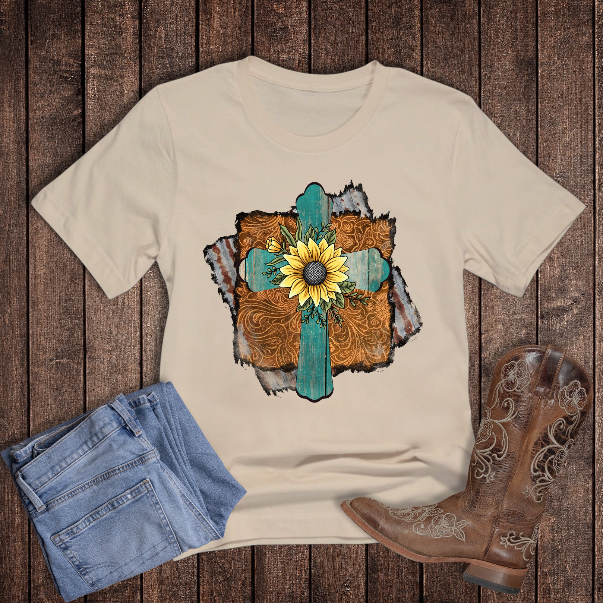 Faith Western Rustic Cross with Sunflower