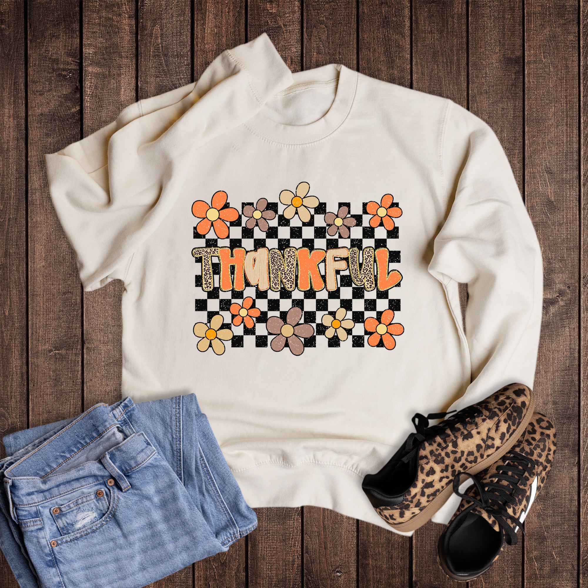 Fall Boho Cheetah Checkered Thankful Sweatshirt