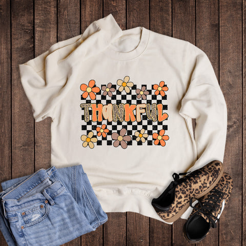 Fall Boho Cheetah Checkered Thankful Sweatshirt