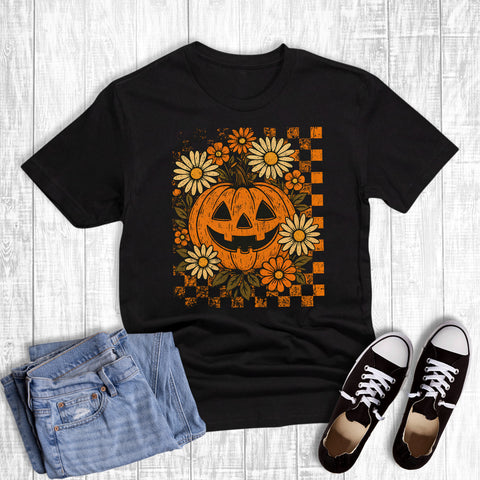 Fall Boho Floral Checkered Jack O Lantern