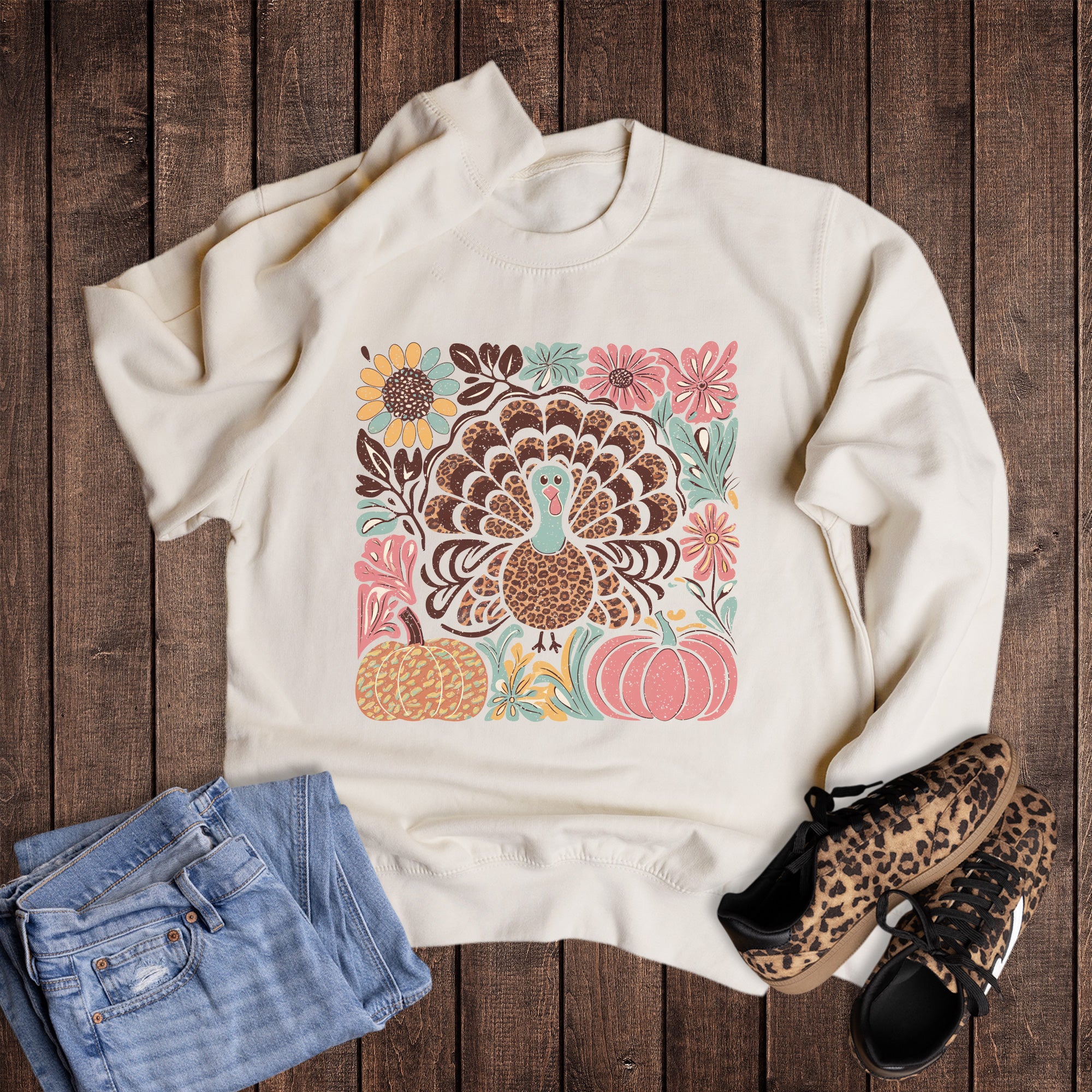 Fall Boho Floral Turkey and Pumpkins Sweatshirt