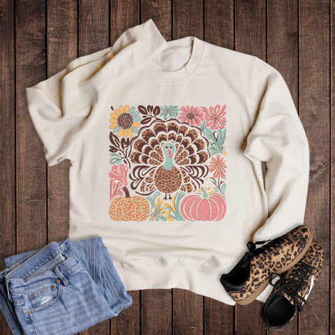 Fall Boho Floral Turkey and Pumpkins Sweatshirt
