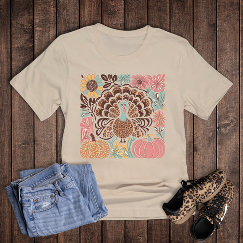 Fall Boho Floral Turkey and Pumpkins