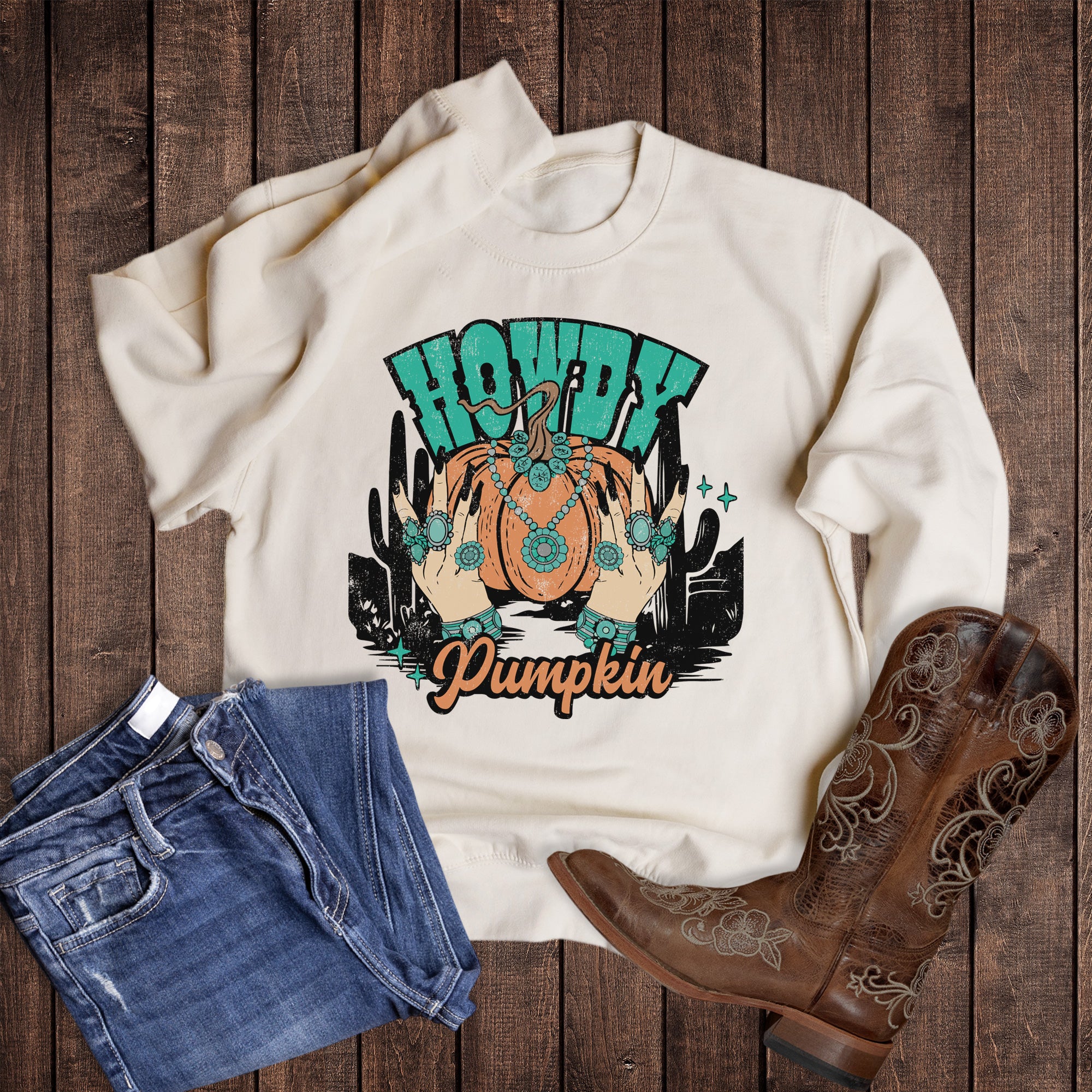 Fall Howdy Pumpkin Turquoise Sweatshirt
