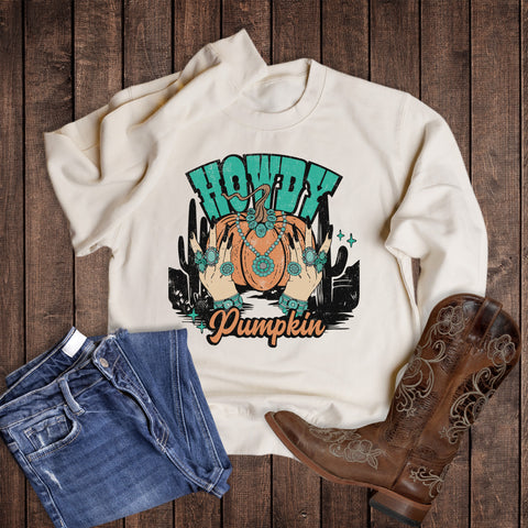 Fall Howdy Pumpkin Turquoise Sweatshirt