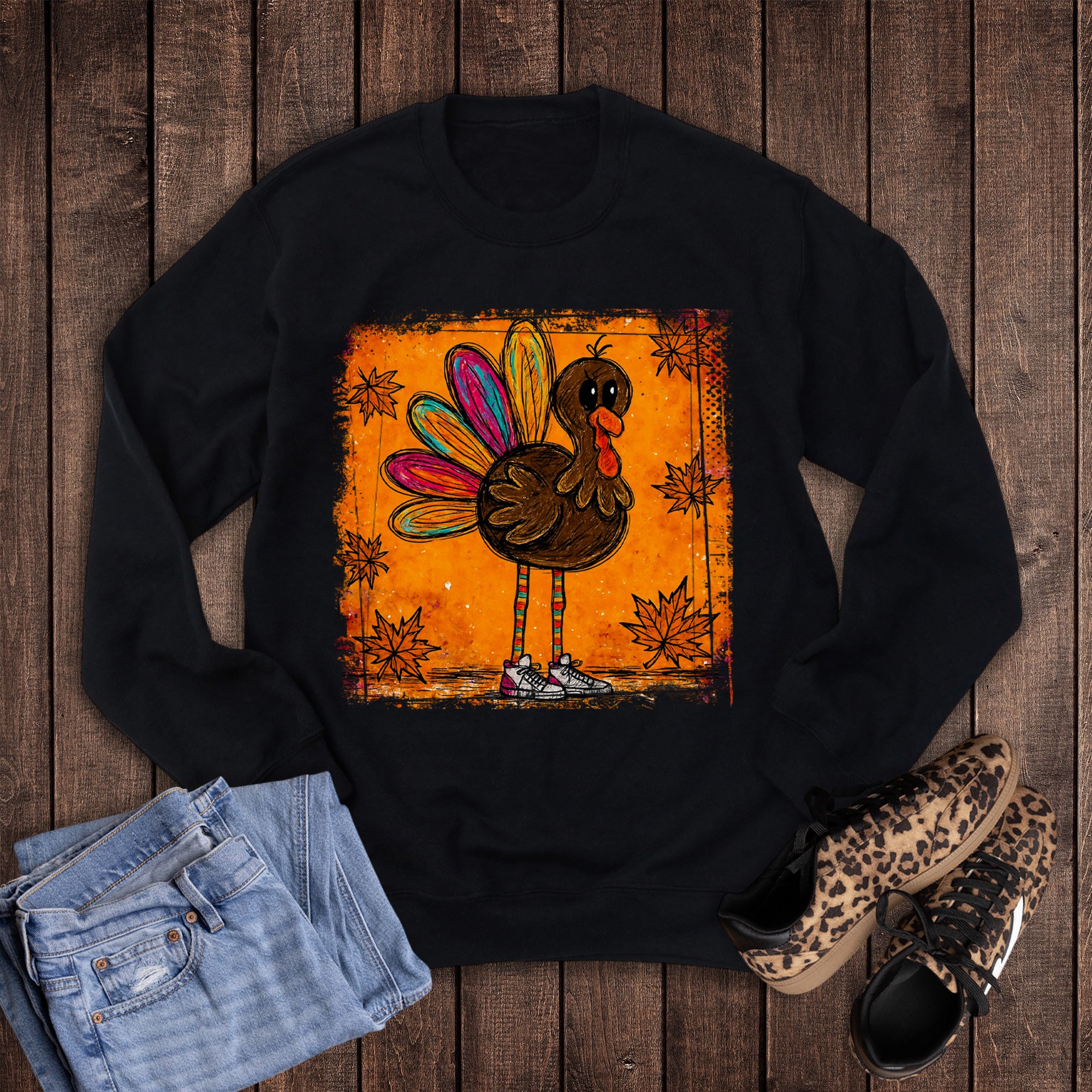 Fall Thanksgiving Turkey with Long Legs and Shoes Sweatshirt