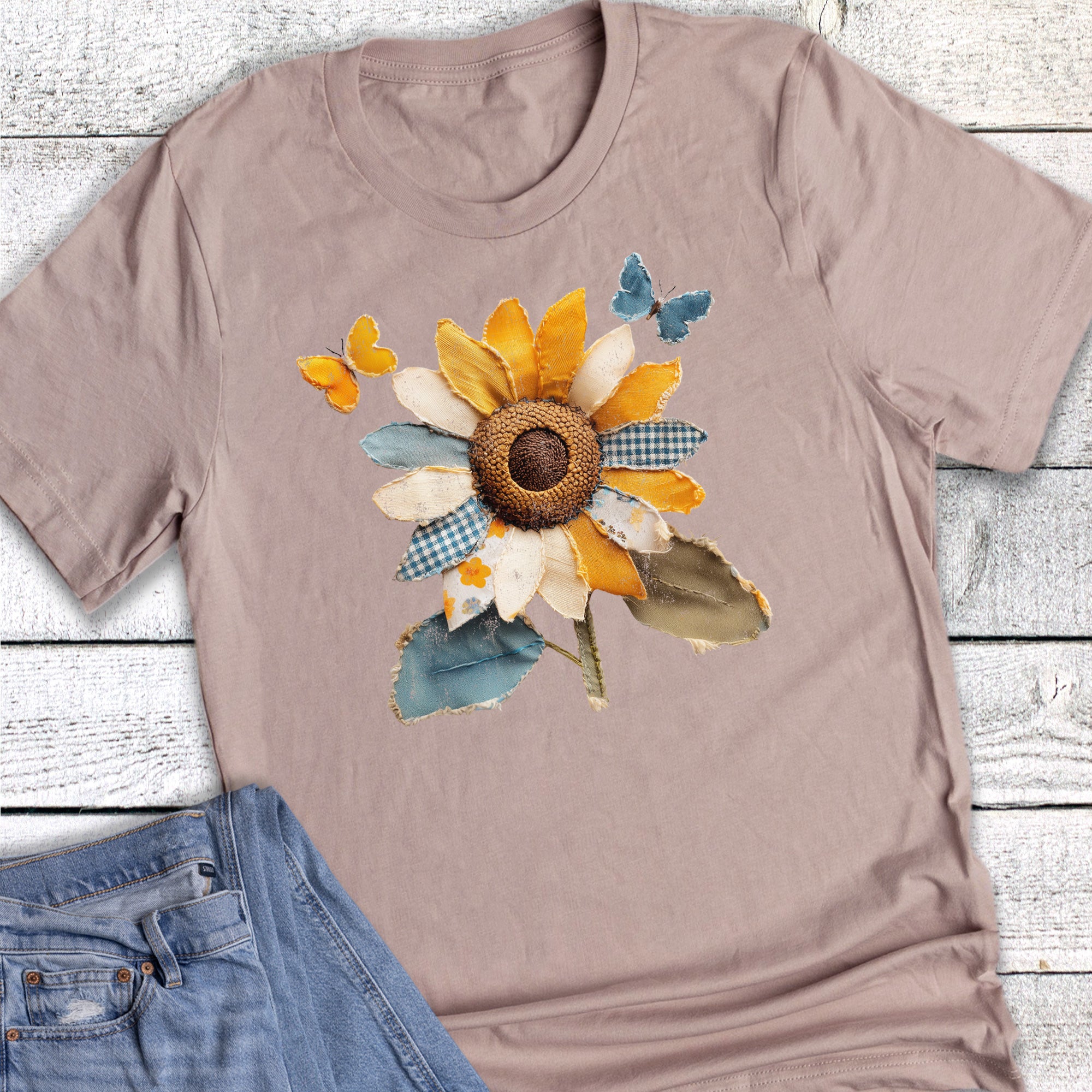 Faux Summer Patchwork Sunflowers And Butterflies